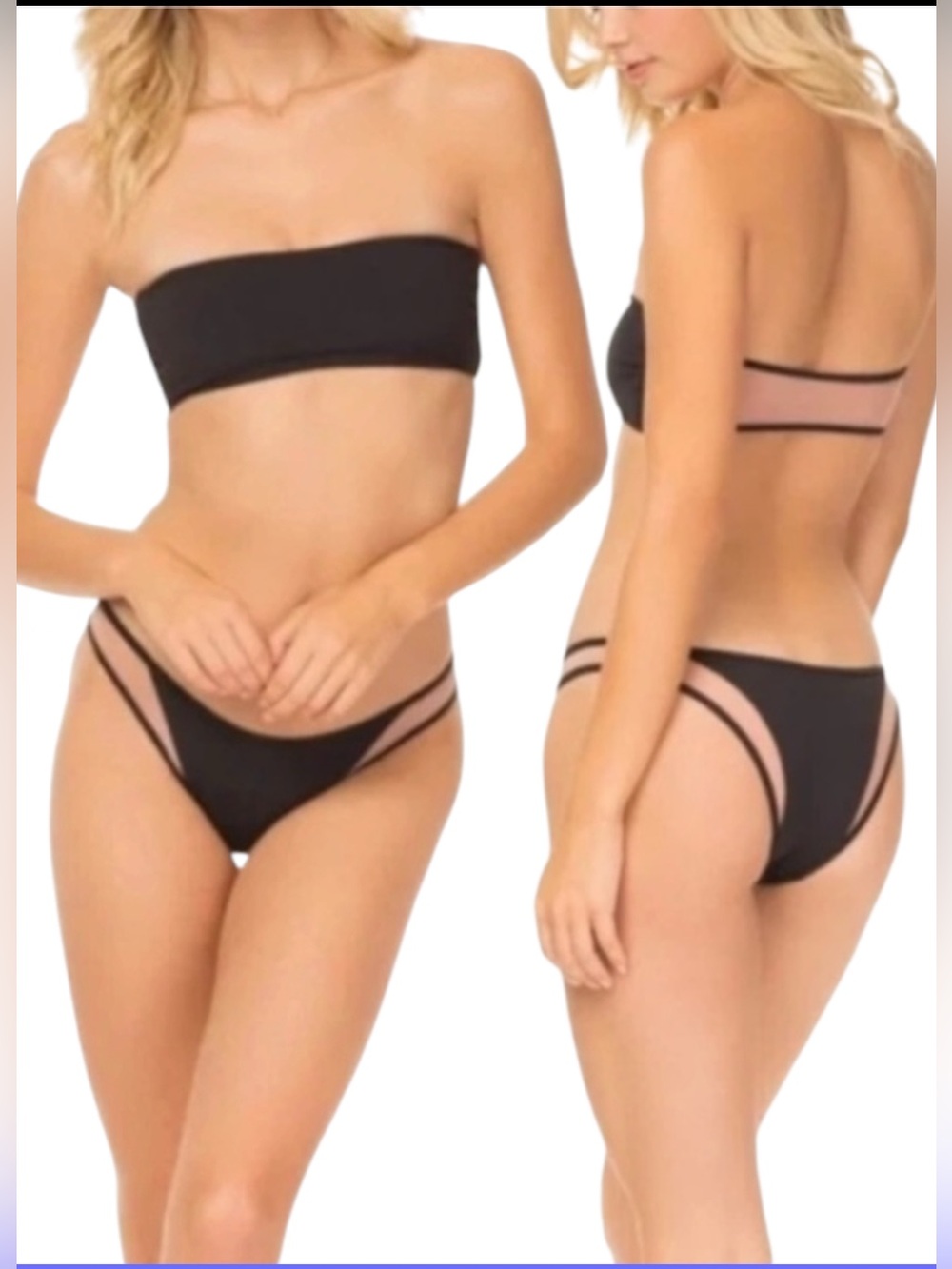 Tori Praver Swimwear Black Bandeau Bikini Top Cheeky Sheer Bikini Set Sz. Small‎